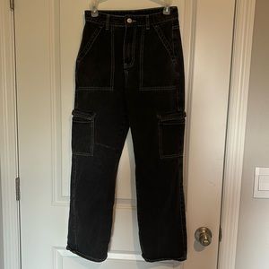 Black High rise Cargo Jeans with white seams